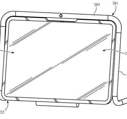 Apple loop case patent design drawings showing an iPad with a tube casing around the edge and a keyboard attached.
