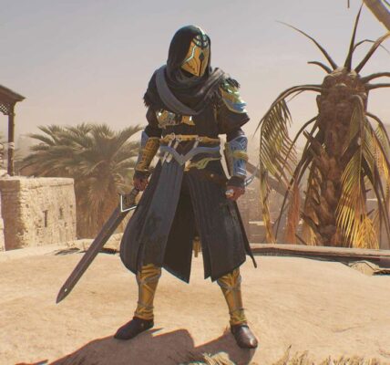 Basim wearing the secret weapons and armor in Assassin