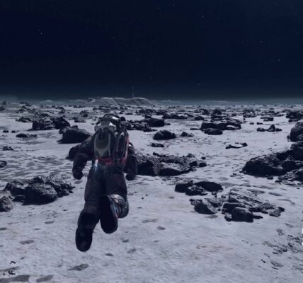 Starfield boostpacks player using boost pack to fly across the moon