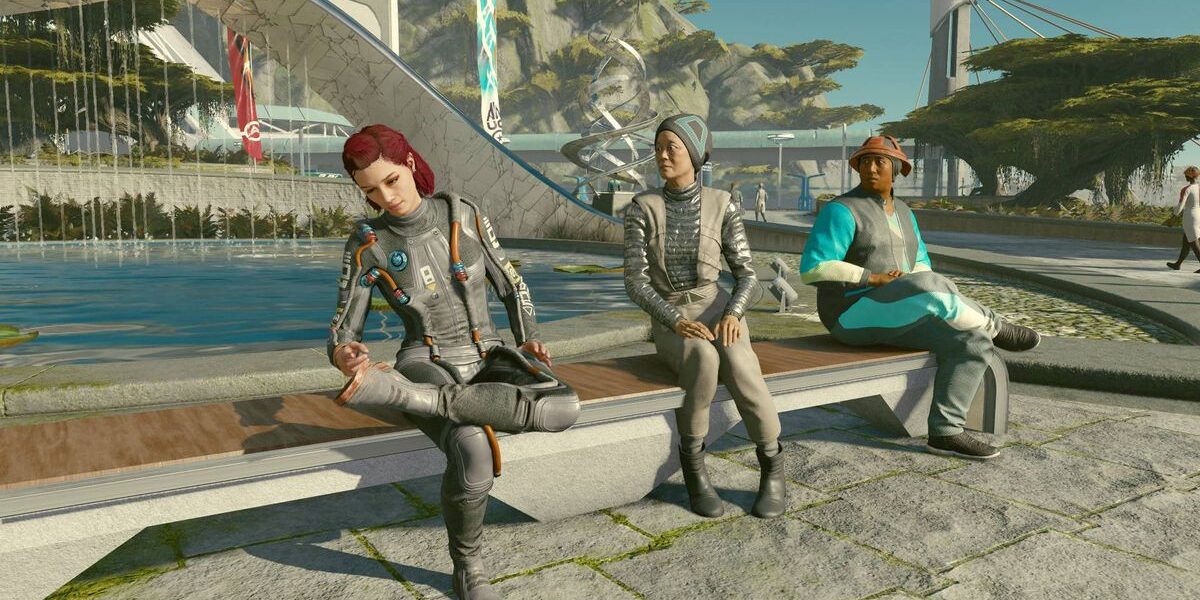 Starfield player sitting on New Atlantis bench with NPCs staring very intently at them